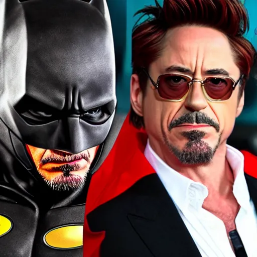 Image similar to Robert Downey Jr in a Batman suit, 8k ultra hd, hyper detailed