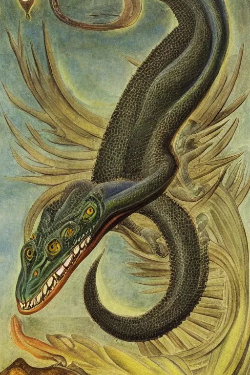 Image similar to stunning, highly detailed, painting of a Basilisk by William Blake, masterpiece, dramatic, 4k, high quality