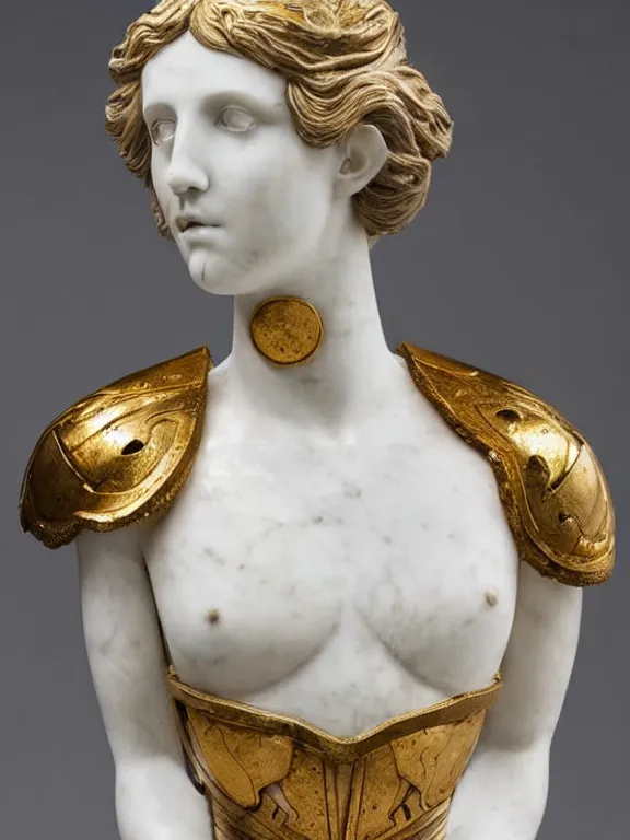 Image similar to a white art nouveau marble and gold head and torso sculpture of a worried young millie bobby brown with long, flowing hair, wearing intricate gold plate armor on her chest, delicate, intricate, smooth, beautiful, by charles van der stappen