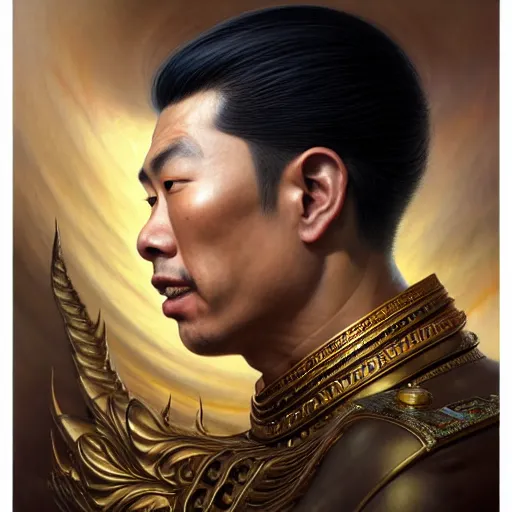 Prompt: pretty asian male as king ramkhamhaeng, intricate, highly detailed, centered, digital painting, artstation, concept art, smooth, sharp focus, illustration, artgerm, tomasz alen kopera, peter mohrbacher, donato giancola, joseph christian leyendecker, wlop, boris vallejo