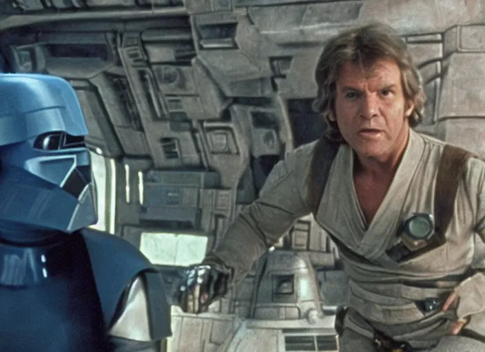 Image similar to screenshot from the lost star wars film, the lost jedi, scene of Han Solo on the millenium falcon, he's talking to a small blue hologram of Luke Skywalker, iconic scene from the 1980s sci fi thriller directed by Stanely Kubrick film, color kodak stock, anamorphic lenses, detailed faces, moody cinematography