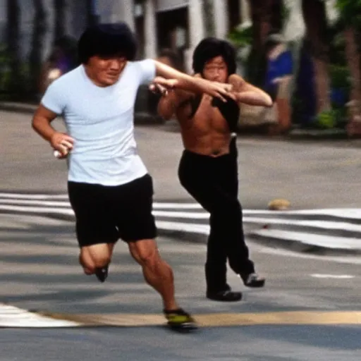 Image similar to jackie chan getting robbed in rio de janeiro running after the thief