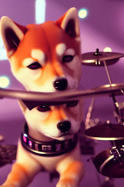 Prompt: high quality 3 d render very cute cyborg shiba inu plays drums!, cyberpunk highly detailed, unreal engine cinematic smooth, in the style of blade runner & pixar, hannah yata charlie immer, moody light, low angle, uhd 8 k, sharp focus