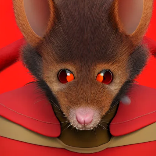 Prompt: a portrait of a human-rat mutant hybrid with brown fur wearing a red kimono, disney, pixar, dreamworks, 3d rendering, hdr, subsurface scattering, cartoon