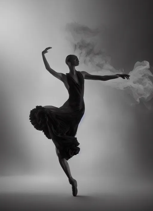 Image similar to a Photorealistic dramatic hyperrealistic render of a glamorous beautiful Female smoke dancer by Ken Brower and Deborah Ory of NYC Dance project,Lois Greenfield,Flowing cloth and smoke,Beautiful dynamic dramatic dark moody lighting,volumetric,shadows,cinematic atmosphere,Octane render,8K