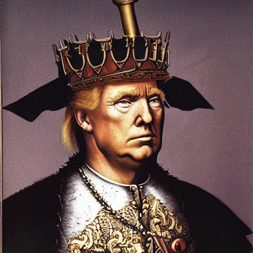 Image similar to donald trump wearing knights armor, donald trump holding a crazy broadsword, donald trump ’ s highly detailed face, donald trump ’ s handsome face, by hans holbein