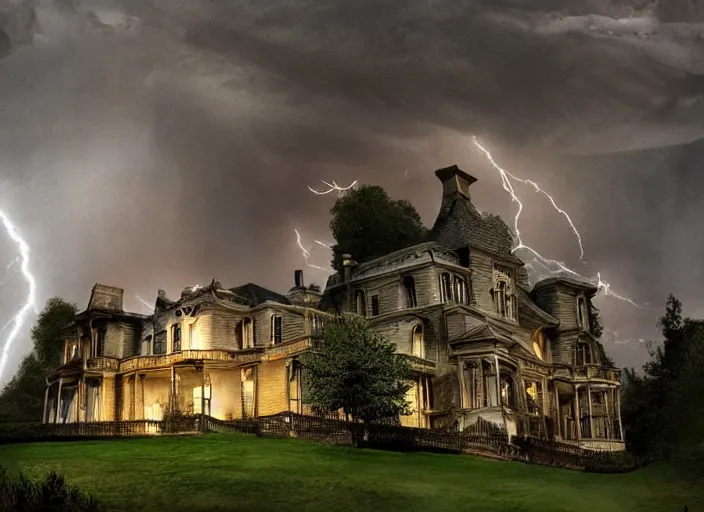 Prompt: a haunted mansion atop a hill during a thunder storm, scary, night, lighting, cinimatic, movie, horror, photorealism