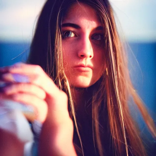 Image similar to a hyper realistic portrait photography of a woman with long hair. agfa vista 4 0 0 film. detailed. depth of field. cinematic. lens flare. grainy film. warm light.