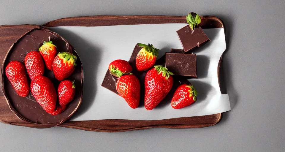 Image similar to A gourmet dark chocolate bar with a piece broken off, on an opened silver wrapper, next to sliced strawberries, on a wooden tray, macro lens product photo