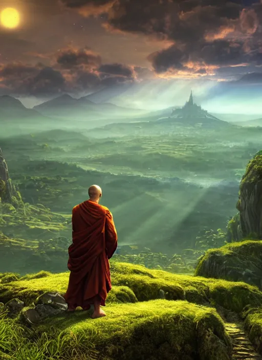 Image similar to a cosmic monk in lord of the rings scenery landscape, looking out at a vast lush valley at sunrise, huge temple in the distance, god's rays, highly detailed, vivid color, cinematic lighting, perfect composition, 8 k, gustave dore, derek zabrocki, greg rutkowski, belsinski, octane render