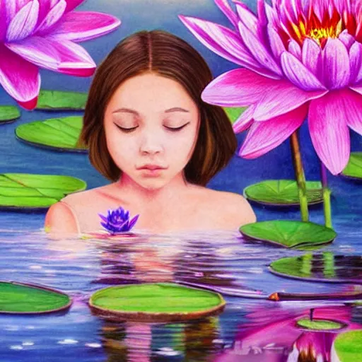 Image similar to girl floating in water, serious, with waterlily flower, bright colors, painting, detailed, magical environment, peaceful, beautiful, artwork, realistic detail