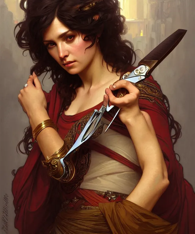 Prompt: portrait of biblical delilah holding shears, intricate, headshot, highly detailed, digital painting, artstation, concept art, sharp focus, cinematic lighting, illustration, art by artgerm and greg rutkowski, alphonse mucha, cgsociety