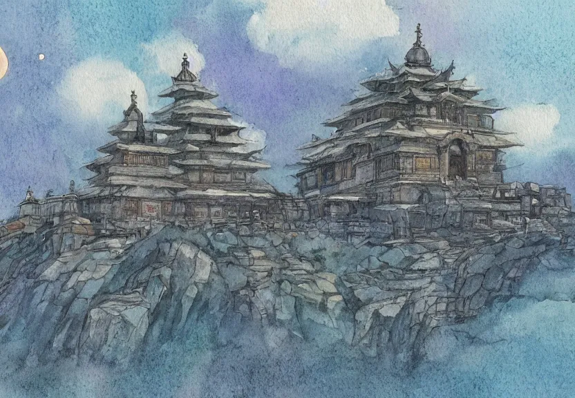 Image similar to a hyperrealist watercolor concept art from a studio ghibli film showing one giant grey griffon. a temple is under construction in the background in india on a misty and starry night. by studio ghibli. very dull muted colors