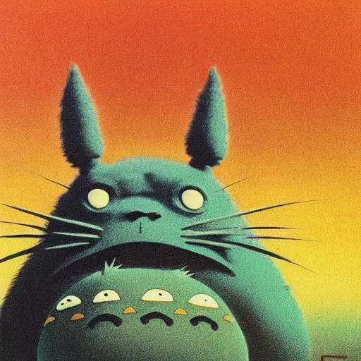 Prompt: Totoro staring, Studio Ghibli, Zdzisław Beksiński