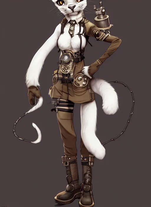 Prompt: wide angle beautiful full body portrait of a strong female anthropomorphic anthro lynx fursona wearing a steampunk dress. character design by disney, anime, manga, charlie bowater, ross tran, artgerm, and makoto shinkai, detailed, soft lighting, rendered in octane, white fur