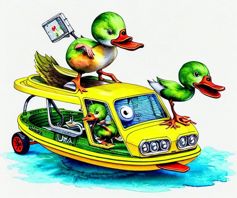 Image similar to cute and funny, duck riding in a tiny amphibious boat with wheels, ratfink style by ed roth, centered award winning watercolor pen illustration, isometric illustration by chihiro iwasaki, edited by craola, tiny details by artgerm and watercolor girl, symmetrically isometrically centered