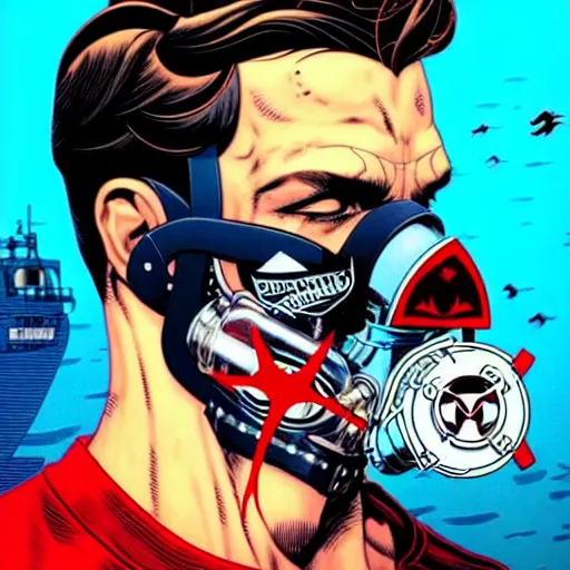 Image similar to a profile photo of an evil man with a diving oxygen mask with side profile blood in ocean intricate details by MARVEL comics and Sandra Chevrier-C