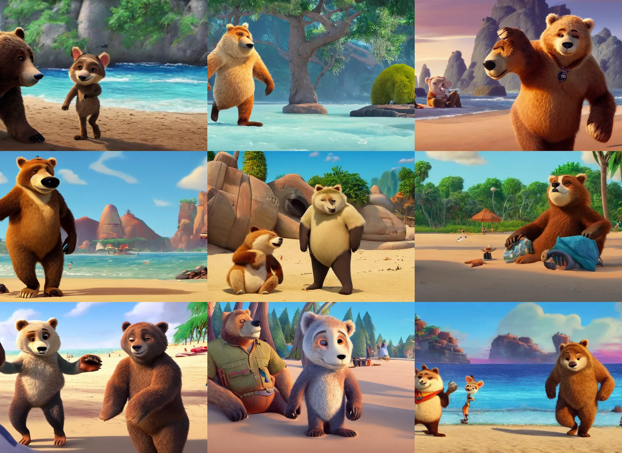 Prompt: a scene of bear on the beach, zootopia 2