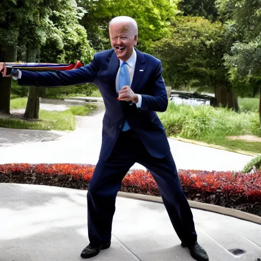 Prompt: Joe Biden holding a katana preparing for battle, full body pose, AP photography
