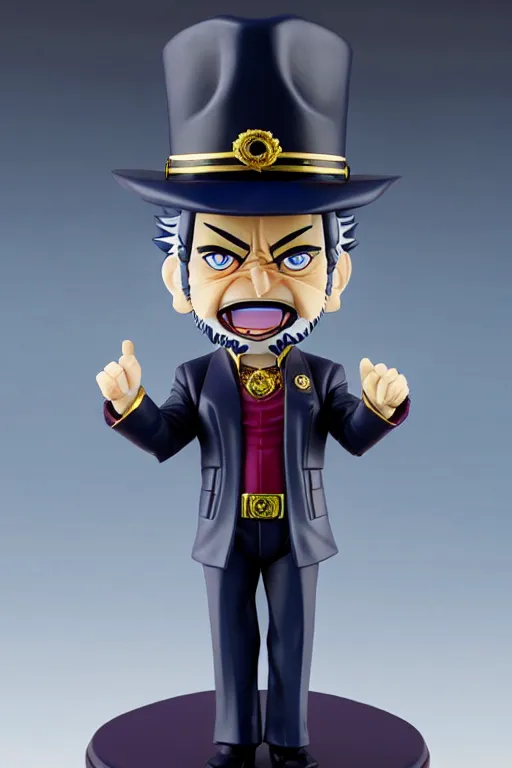 Image similar to still high quality figurine of president lula as jotaro, tsurime eyes, tareme eyes, personification, dynamic pose, detailed product photo, featured on amiami, tone mapped, beautiful composition, 8 5 mm, f. 1 4