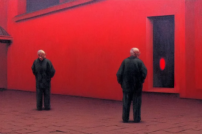 Image similar to only with red, a red old man try to sell a portrait, a crowd cheering, in a city square, in the style of beksinski, parts by edward hopper, parts by rodcenko, parts by yue minjun, intricate and epic composition, red by caravaggio, insanely quality, highly detailed, masterpiece, red light, artstation, 4 k