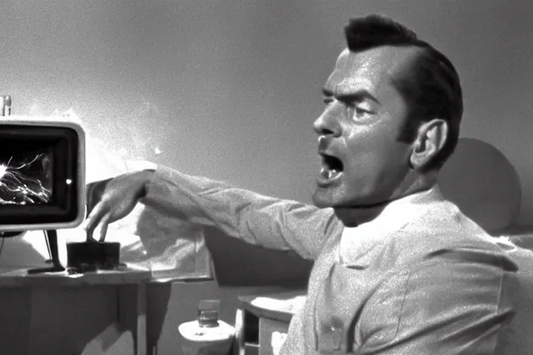 Prompt: a subgenius is shocked to see an alien appear on his television in his living room. sparks and smoke come out of the television. film still from 1 9 5 0 s sci - fi