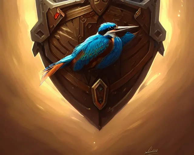 Prompt: shield inspired by a kingfisher, deep focus, d & d, fantasy, intricate, elegant, highly detailed, digital painting, artstation, concept art, matte, sharp focus, illustration, hearthstone, art by artgerm and greg rutkowski and alphonse mucha