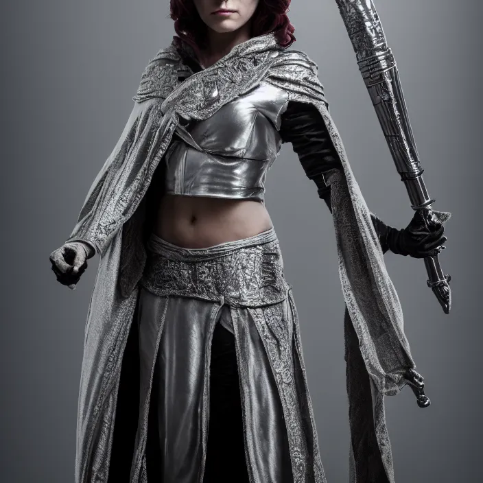 Image similar to full length photograph of a real-life beautiful female rogue with intricate silver robes, Extremely detailed. 8k