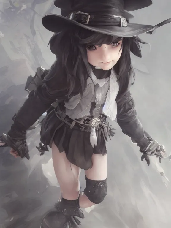 Image similar to Full shot Line art drawing of a cute mischievous young witch about to get up to some trouble. By Ruan Jia and Artgerm and Range Murata and WLOP and CLAMP and Loish. Concept Art. Fantasy Illustration. award winning, Artstation, intricate details, Hyperdetailed, 8k resolution.