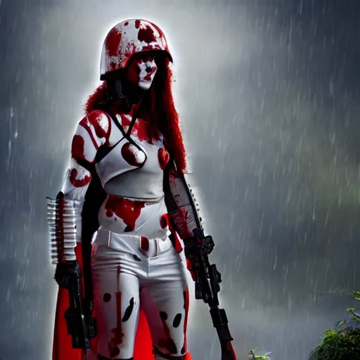 Prompt: a young female soldier wearing blood-spattered glossy sleek white dinged scuffed armor and a long torn red cape, standing in a rainy jungle, heroic posture, determined expression, elegant, battle weary, no helmet, dramatic lighting, cinematic, sci-fi, hyperrealistic, detailed