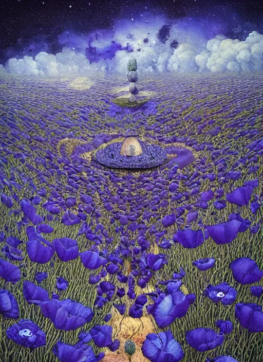 Image similar to detailed, intricate blue black and purple papaverum flower on the field, nebula, galaxy in the sky, winning award masterpiece, fantastically beautiful, illustration, aestheticly inspired, jacek yerka, upscale with anguissola sofonisba work, artstation, 8 k