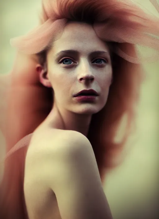 Image similar to portrait photography of a beautiful woman, in fine art photography style of Giovanni Gastel , britt marling style 3/4 , natural color skin pointed in rose, the hair is like stormy clouds, full body dressed with a ethereal transparent voile dress, elegrant, 8K, soft focus, melanchonic soft light, volumetric dramatic lighting, highly detailed Realistic, hyper Refined, Highly Detailed, natural point rose', outdoor soft lighting, soft dramatic lighting colors scheme, soft blur lighting, fine art fashion photography