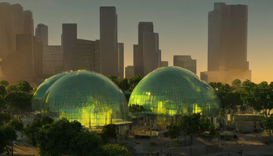 Prompt: green glass domes built in los angeles with glass buildings far away, sunset, volumetric light view, hyperdetailed, artstation, cgsociety, 8 k