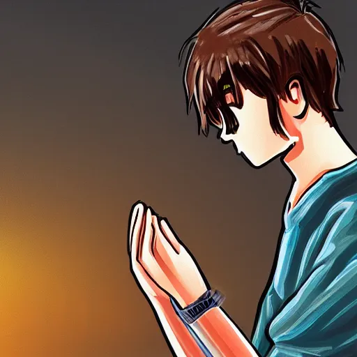 Prompt: a male teenager praying for a divine smartphone in front of him, digital art, anime style