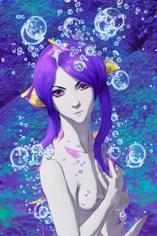 Prompt: Mizutsune, a (beautiful) monster with white and purple scales surrounded by bubbles, ((((as a human)))), by Ilya Kuvshinov
