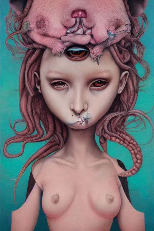 Prompt: pop surrealism, lowbrow art, realistic cute girl painting, hyper realism, muted colors, trevor brown, mark ryden style