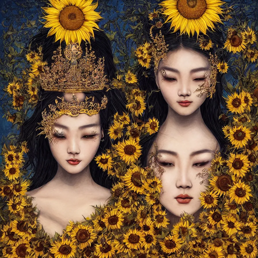 Image similar to The beautiful sunflower Chinese goddess-queen and her eyes burning with fire, she wears an helianthus crown and a black, brown and yellow dress, colourful artwork, indigo background, surreal, dramatic lighting, face, detailed, intricate, elegant, highly detailed, digital painting, artstation, concept art, smooth, sharp focus, illustration, art by Sam Spratt, Dan Mumford, Artem Demura and Alphonse Mucha