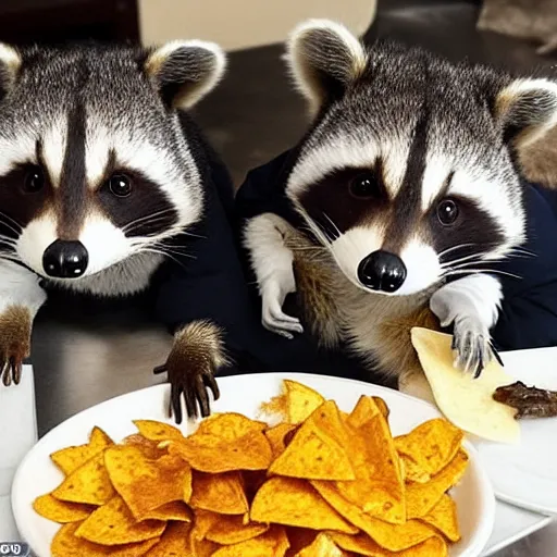 Prompt: 2 lazy raccoons with pregnant belly’s wearing eagles jerseys eating cheese nachos at a Super Bowl party in Philadelphia