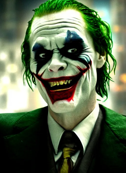 Image similar to film still of Jim Carrey as The Joker in The Dark Knight, 4k