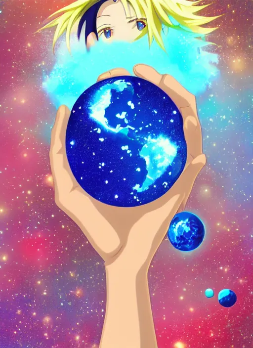 Image similar to an anime in outer space holding a small blue earth in her hand, wearing jean shorts and tank top, no other planets, digital art, anime