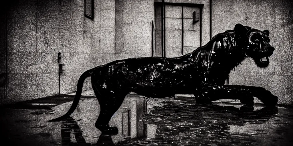 Prompt: the black lioness made of goo, stalking prey in an alley at night, viscous, sticky, dripping black goo, dripping goo, sticky black goo. photography, dslr, reflections, black goo, rim lighting, cinematic light, horror, contrast, volumetric, neon, tar pit