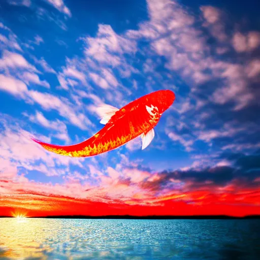 Prompt: photograph of a flying koi fish, majestic, clouds in the background, sharp focus, beautiful, enhanced colors, sunset colors, hd, cinematic lighting, 8k