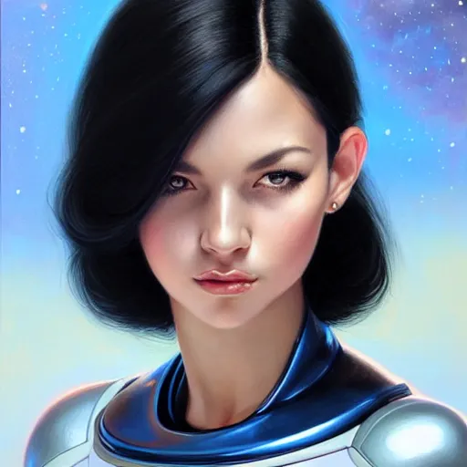 Image similar to a portrait of a very beautiful woman in a spacesuit, Alexandria's genesis, shoulder-length black hair, bored, illustration, soft lighting, soft details, painting oil on canvas by mark arian by artgerm, trending on artstation, 4k, 8k, HD