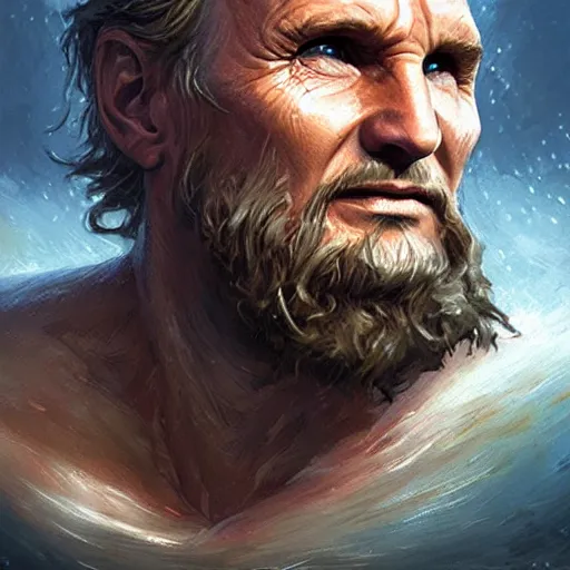 Prompt: poseidon, liam neeson, god of the ocean, d & d, fantasy, portrait, highly detailed, digital painting, trending on artstation, concept art, sharp focus, illustration, art by artgerm and greg rutkowski and magali villeneuve