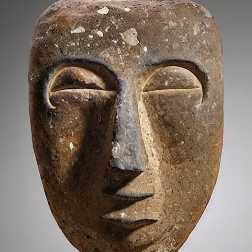 Prompt: stone mask from the pre - ceramic neolithic period, dating to 7 0 0 0 bc, probably the oldest surviving mask in the world