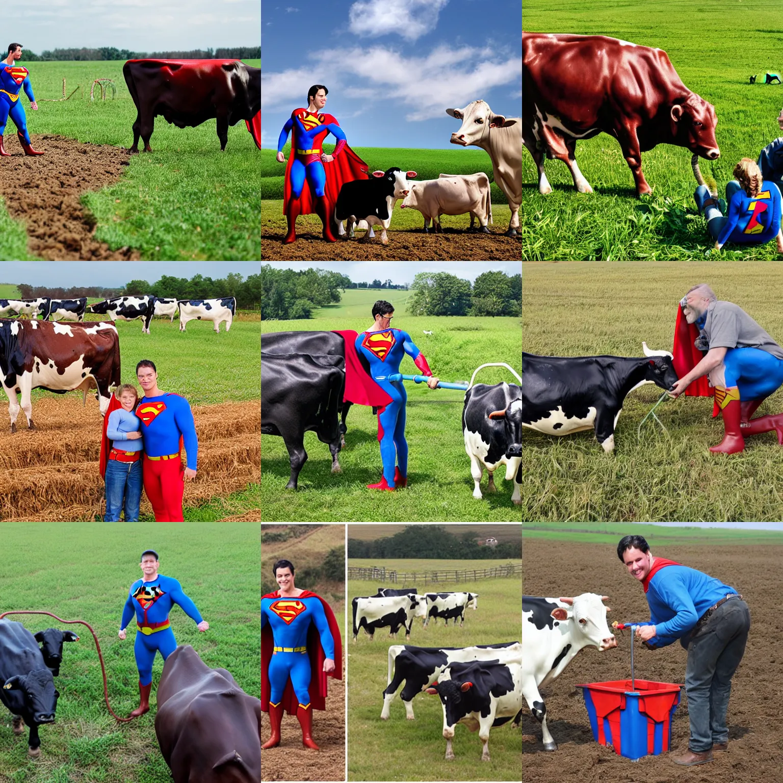 Prompt: homelander and superman milking cows