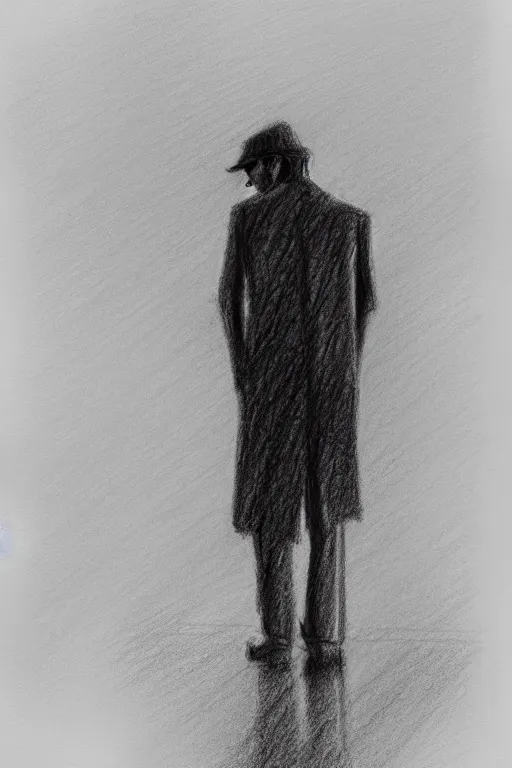 Image similar to a drawn man standing in the rain. pencil sketch.