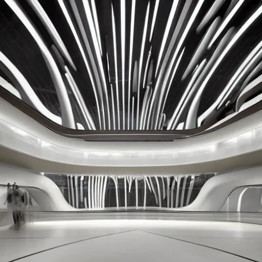 Image similar to extremely elegant detailed stunning beautiful futuristic museum lobby interior by Zaha Hadid