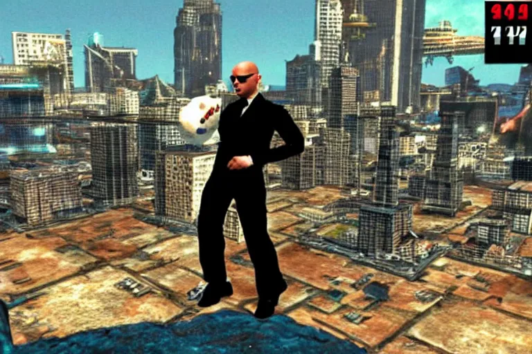 Image similar to pitbull mr. worldwide in a ps 1 game, in 2 0 5 5, y 2 k cybercore, still from a ridley scott movie