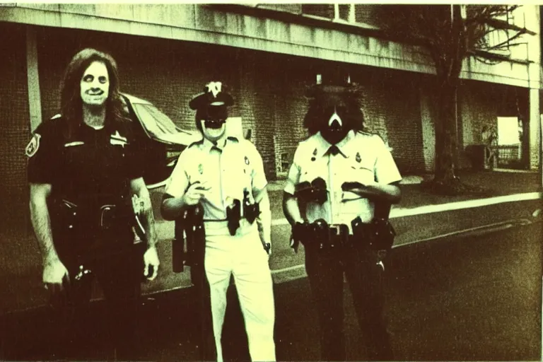 Prompt: retro 1970s Polaroid photo of two cops posing with a werewolf